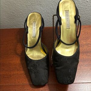 Ann Marino Black Satin Square-Toe Slingback Heels with Gold Insole